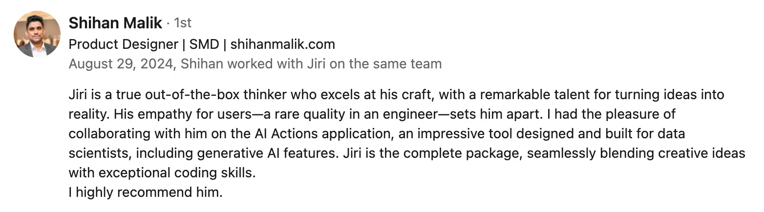 LinkedIn recommendation from Shihan Malik